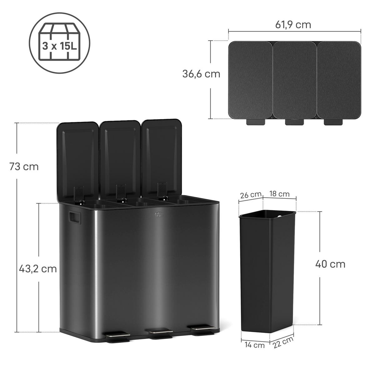 MÜLLEIMER 3x15L Abfalleimer aus Edelstahl mit Softclose Deckel Deodorant-Fächern - Anthrazit, Metall (36.6/43.2/61.9cm) - HOMCOM