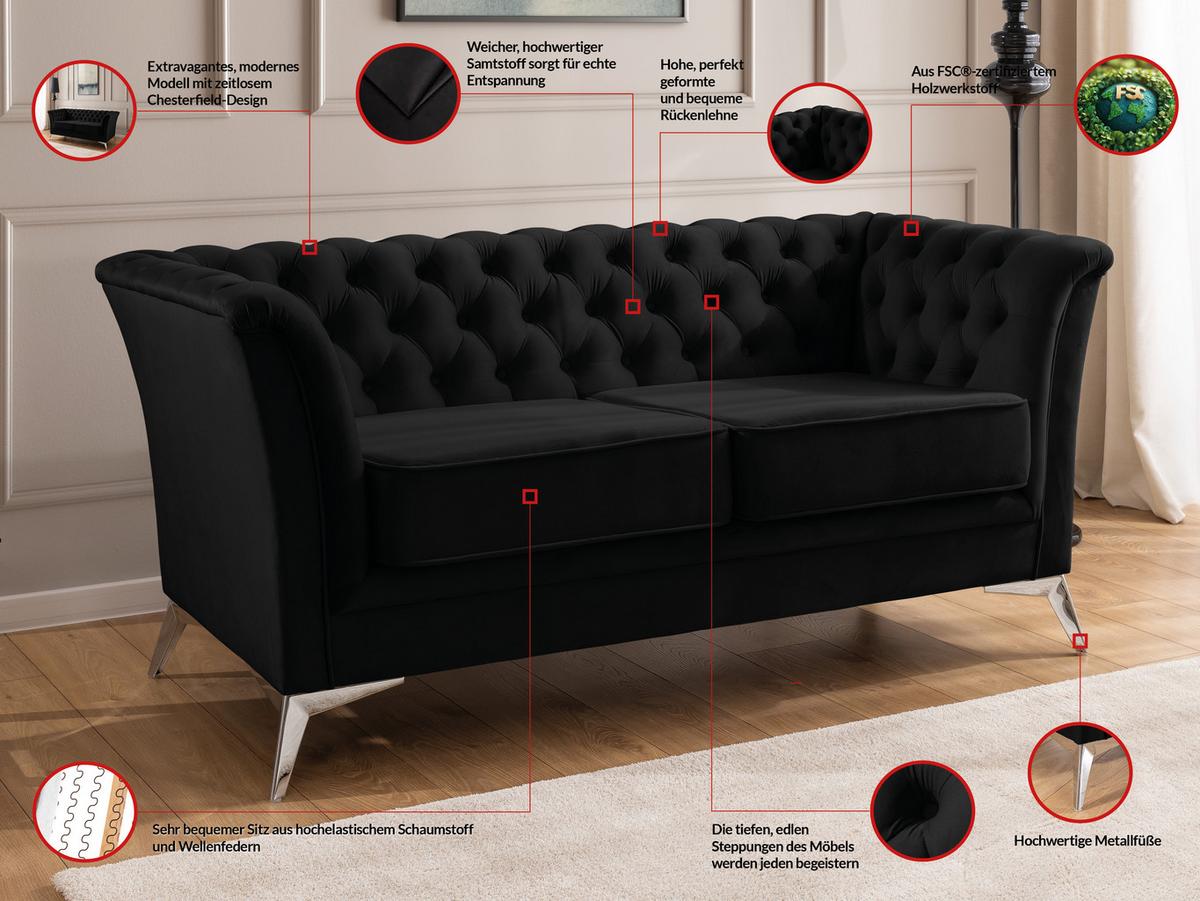 CHESTERFIELD-SOFA 2-sitzer Whitby Schwarz Samt mit silbernen Füßen - Silberfarben/Schwarz, Holz/Textil (175/78/82cm) - S-Style Möbel