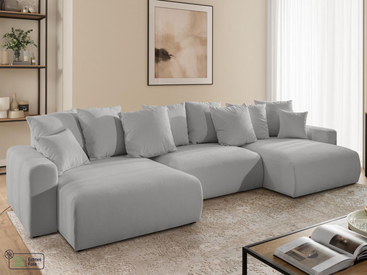 WOHNLANDSCHAFT Calma mit Schlaffunktion und Bettkasten im Bumpy-Design aus weichem Hellgrau Webstoff - Hellgrau/Schwarz, Holz/Textil (336/88/140cm) - S-Style