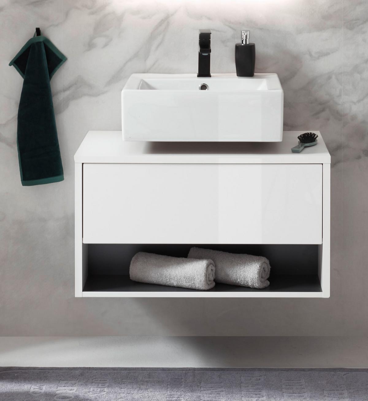 WASCHBECKENUNTERSCHRANK weiß Hochglanz, grau 80 cm hängend - Weiß Hochglanz/Grau, Holzwerkstoff/Metall (80/44/46cm) - Furn.Design