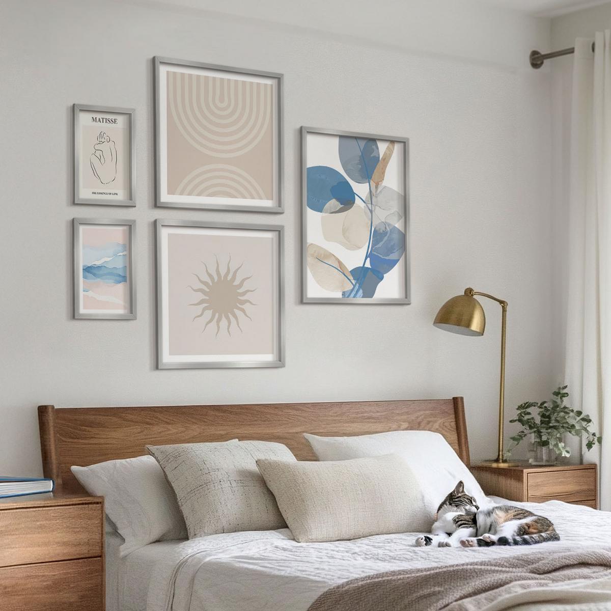 BILDER SET 5er Set - 50x50 cm & 20x30 cm & 40x60 cm Silberner Rahmen - Linien, Wellen, Pastellfarben, minimalistisch - Silberfarben, Kunststoff (40/60cm) - TULUP