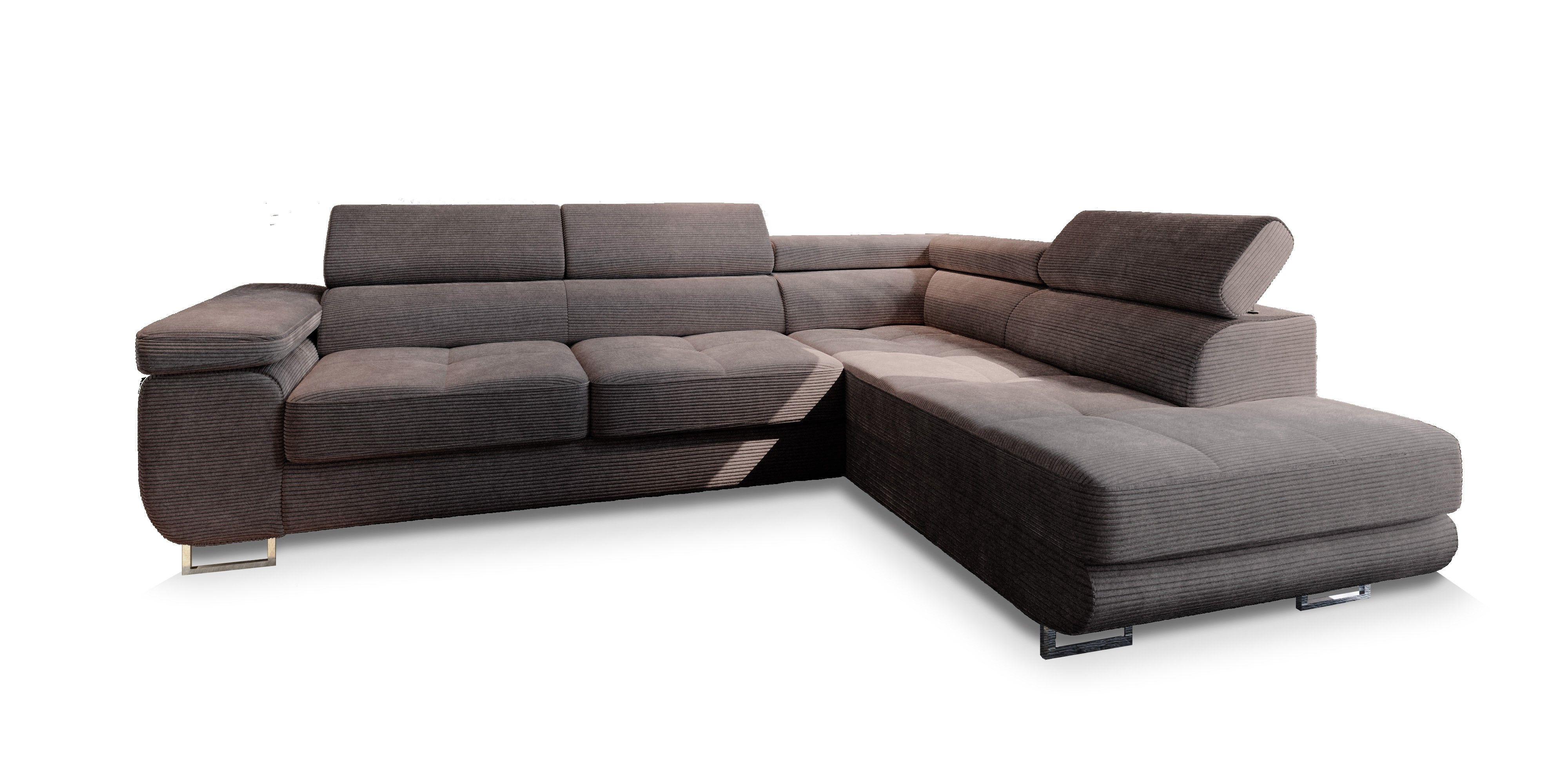 ECKSOFA APIRO R-S Braun Kordstoff mit Schlaffunktion - Silberfarben/Braun, Holz/Textil (276/202cm) - MASSENO