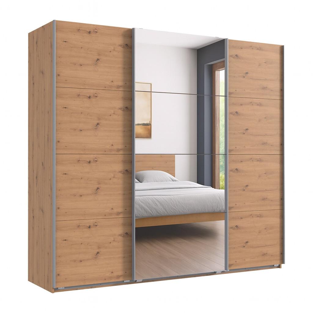 SCHWEBETÜRENSCHRANK 3-türig B225/H208/T64 cm in Eiche Artisan Dekor, Kleiderschrank mit einer Spiegeltür / 22520 - Edelstahlfarben/Eichefarben, Holzwerkstoff/Metall (225/208/64cm) - luma-home