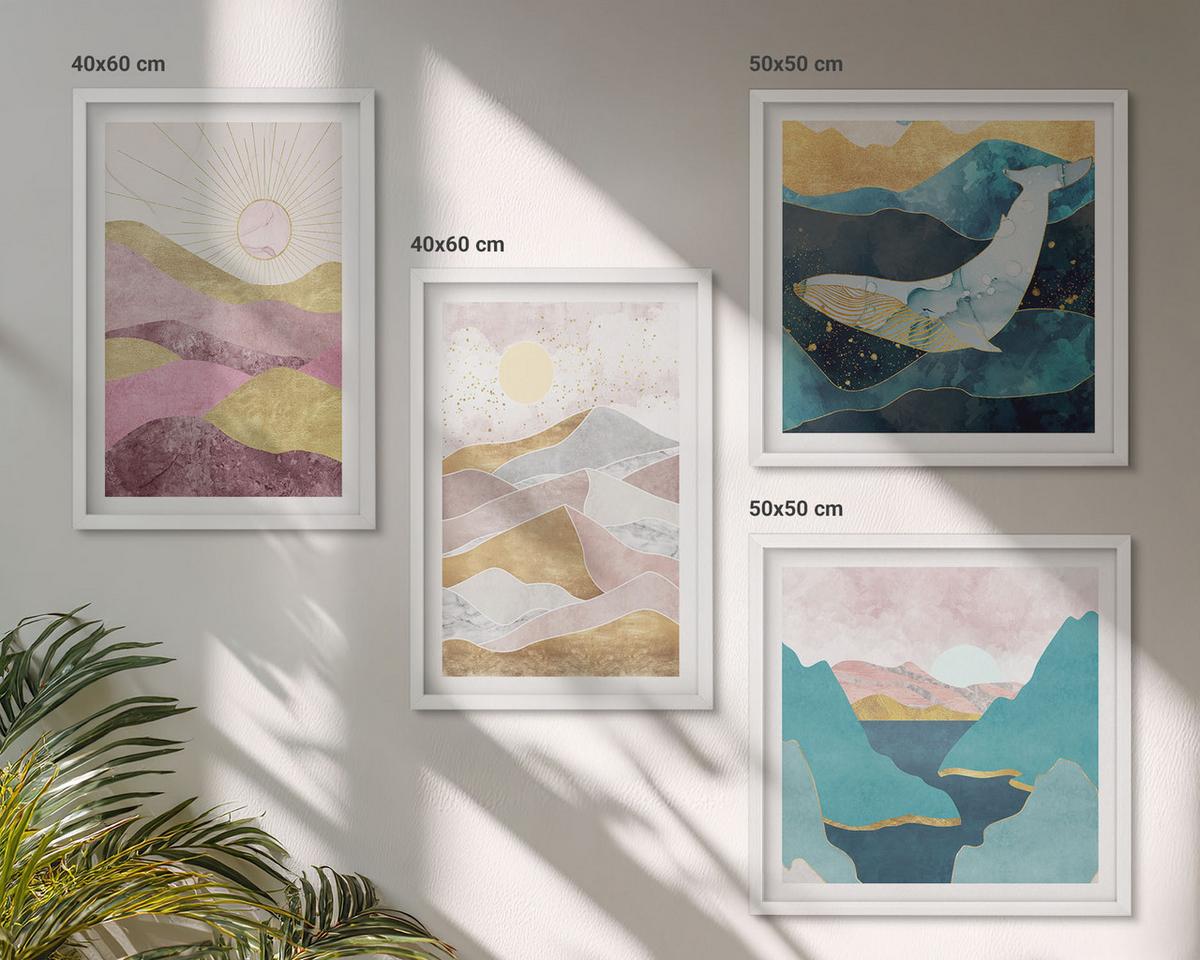 BILDER SET 4er Set - 50x50 cm & 40x60 cm Weißer Rahmen - Abstrakte Berge Sonne - Weiß, Kunststoff (50/50cm) - TULUP
