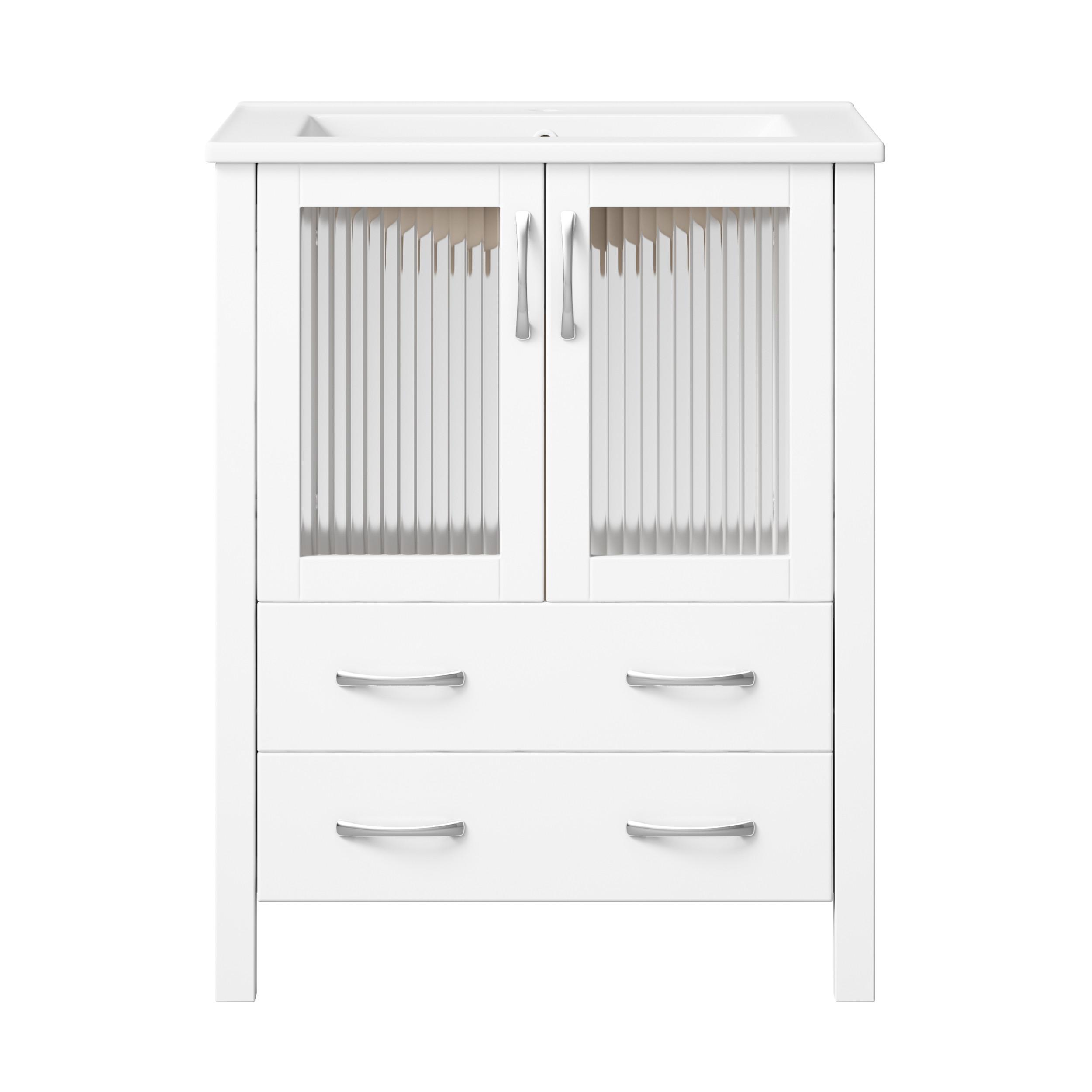 WASCHTISCHUNTERSCHRANK Hochglanz-Weiß mit Keramikbecken & Riffelglas - Weiß, Holzwerkstoff (61/86/47cm) - Urban Meuble