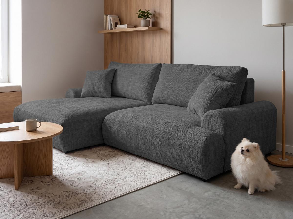ECKSOFA Melvano mit Schlaffunktion und Bettkasten im Japandi-Stil aus weichem Grau Chenille-Stoff - Schwarz/Grau, Holz/Kunststoff (145/240cm) - S-Style