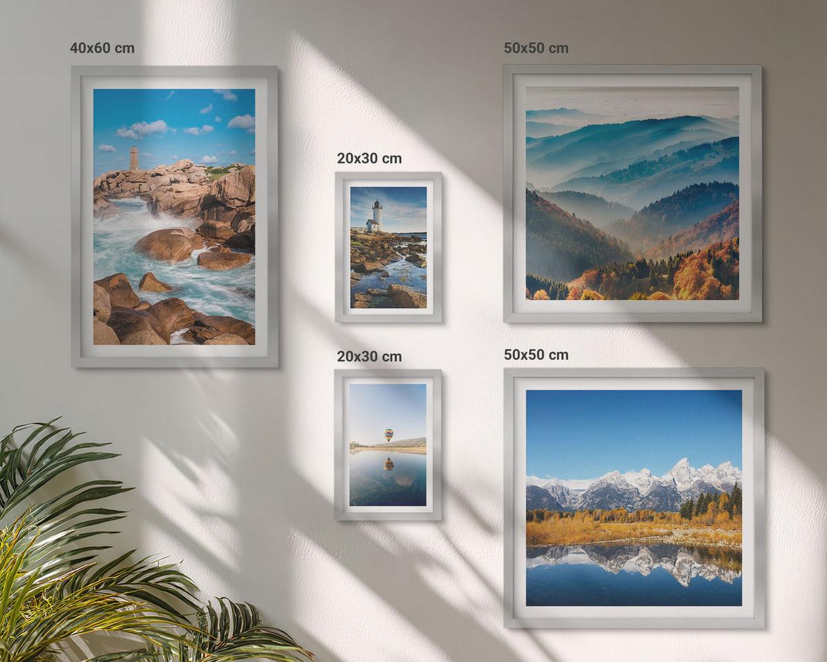 BILDER SET 5er Set - 50x50 cm & 20x30 cm & 40x60 cm Silberner Rahmen - Ausblicke auf die Natur, Leuchtturm, Berge - Silberfarben, Kunststoff (40/60cm) - TULUP