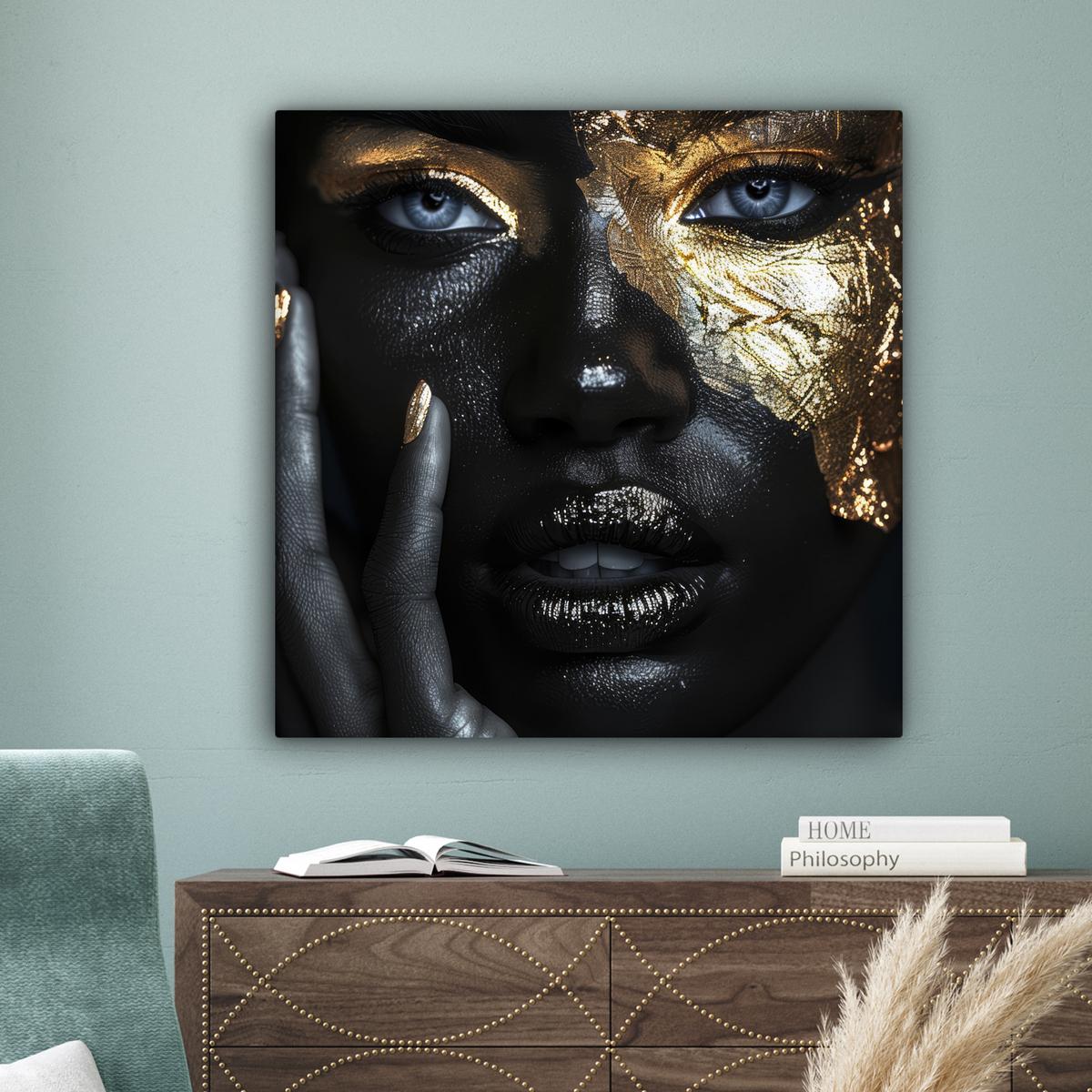 LEINWANDBILD Frau - Gold - Porträt - Schwarz-Weiß - Luxus Deko Groß 90x90 cm - Hellblau, Textil (90/90cm) - MuchoWow