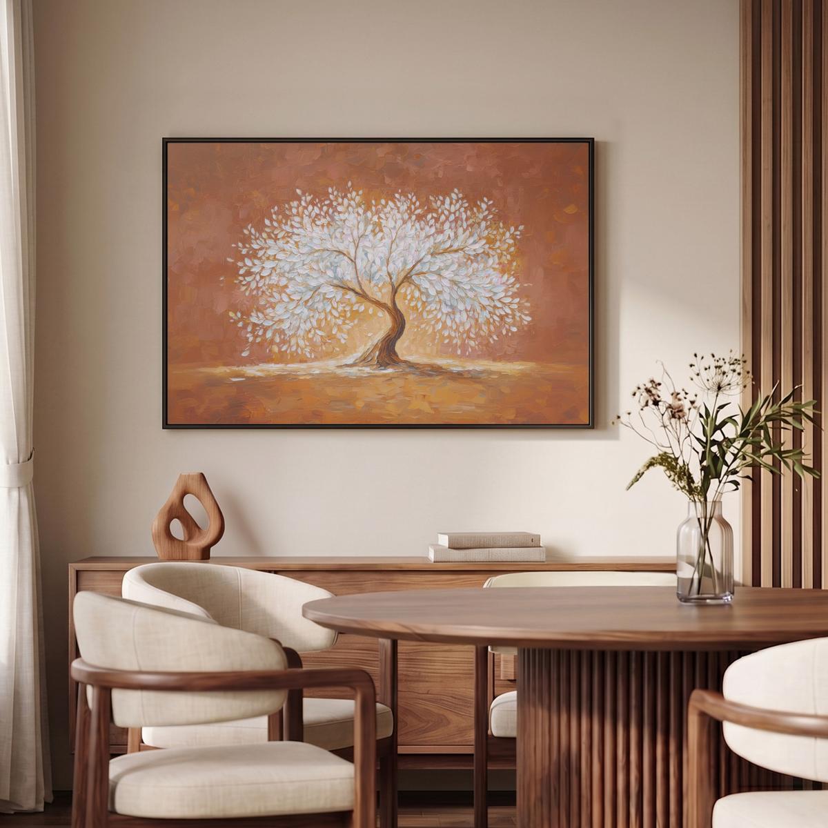 LEINWAND Bilder mit Rahmen - Abstrakt - Baum - Weiß - Blätter - 90x60 - Braun, Textil (90/60cm) - MuchoWow