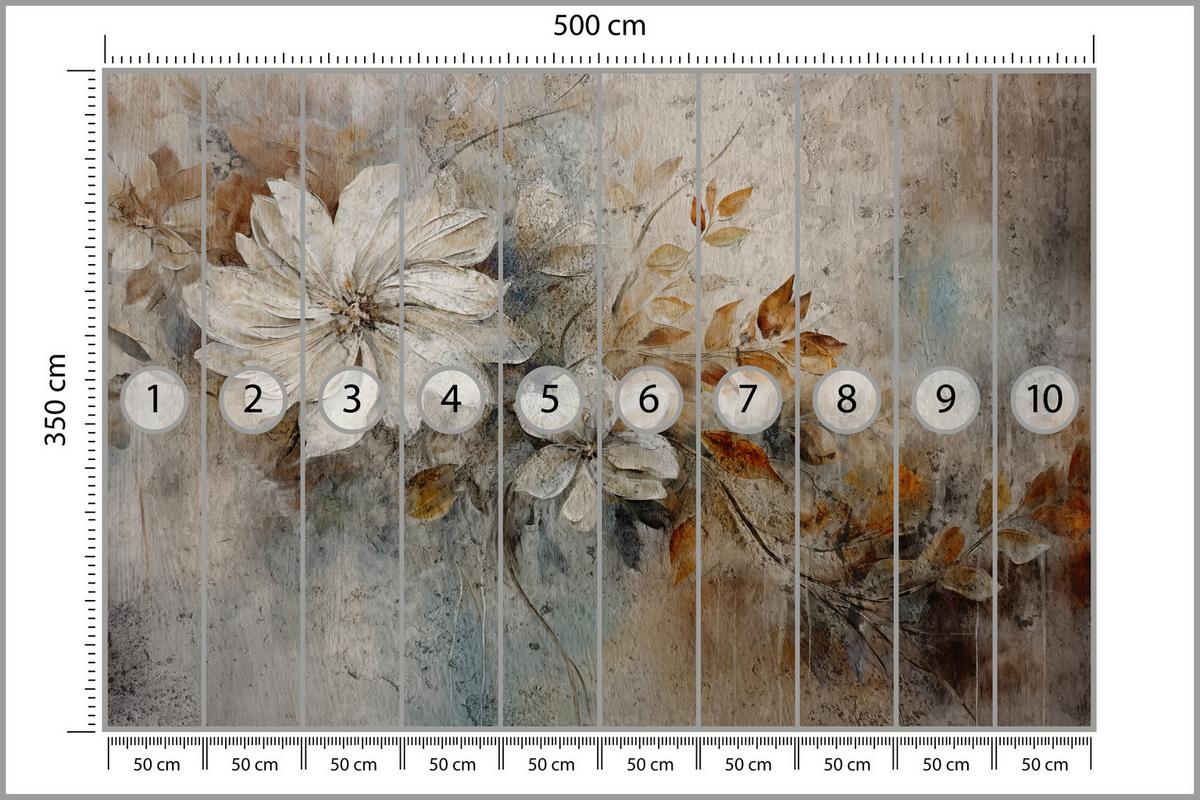 FOTOTAPETE für Wohnzimmer Retroblumen Blätter Beton Abstraktion Pflanzen 500x350 - Multicolor, Papier (500/350cm) - Muralo