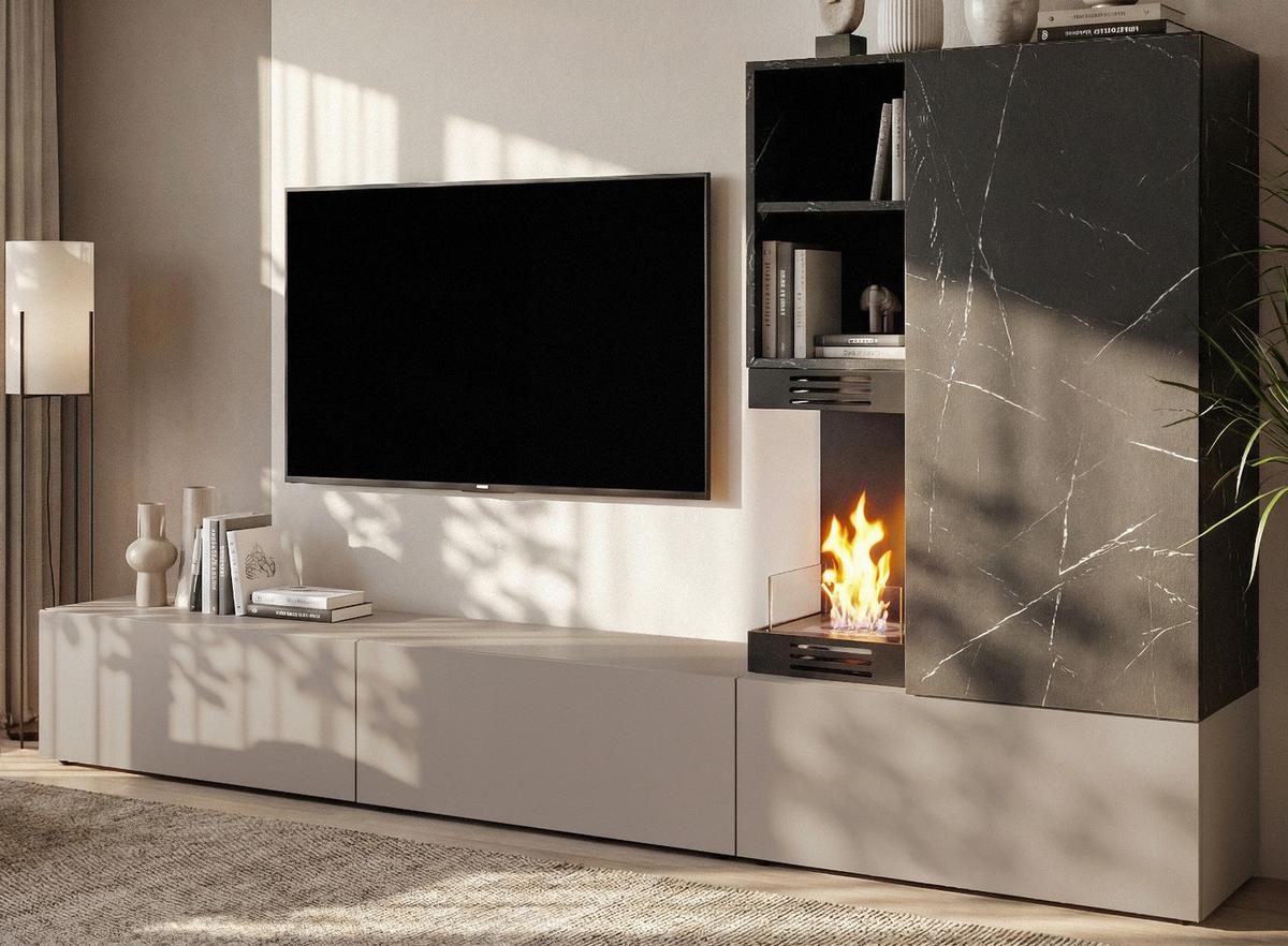 WOHNWAND Marmor schwarz, Lehm-Grau 270 cm, Schrankwand mit Ethanol Kamin, Push-to-Open - Schwarz/Grau, Holzwerkstoff (270/158/38cm) - Inn.Furn