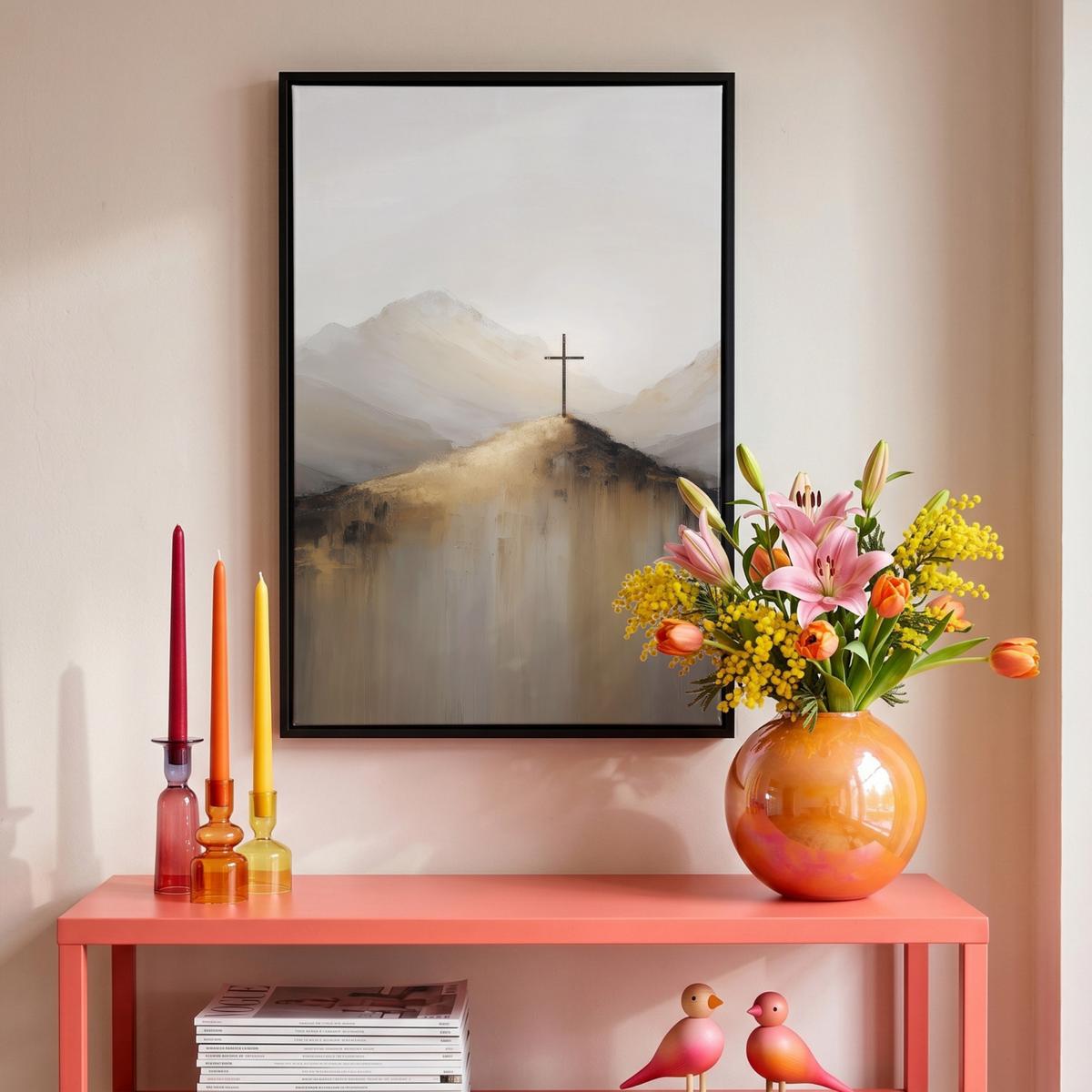 LEINWAND Bilder mit Rahmen - Hügel - Abstrakt - Kreuz - Christentum - 40x60 - Beige, Textil (40/60cm) - MuchoWow