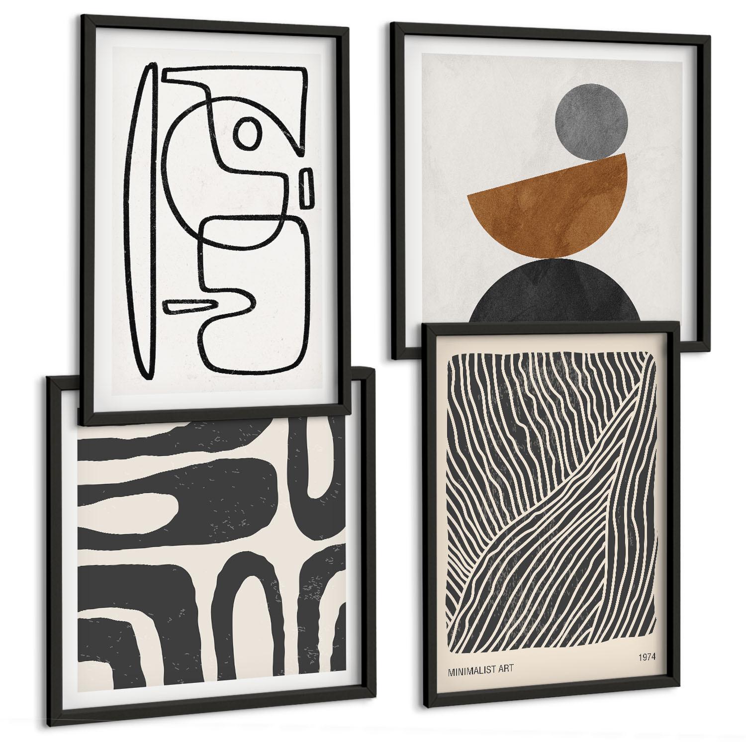 BILDER SET 4er Set - 50x50 cm & 40x60 cm Schwarzer Rahmen - Abstrakte Muster mit Linien - Schwarz, Kunststoff (50/50cm) - TULUP