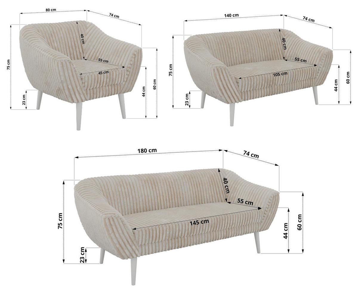 SITZGARNITUR PIRS 3+2+1 - Beige Cord - Weiße Beine - Beige/Creme, Holzwerkstoff/Textil (180/75/74cm) - MKS