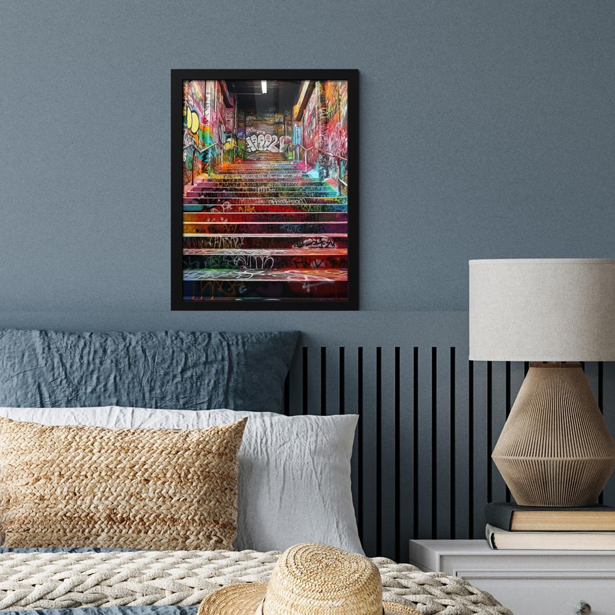 POSTER MIT RAHMEN Treppe - Graffiti - Farben - Kunst Bilderrahmen 30x40 cm - Multicolor, Papier (30/40cm) - MuchoWow