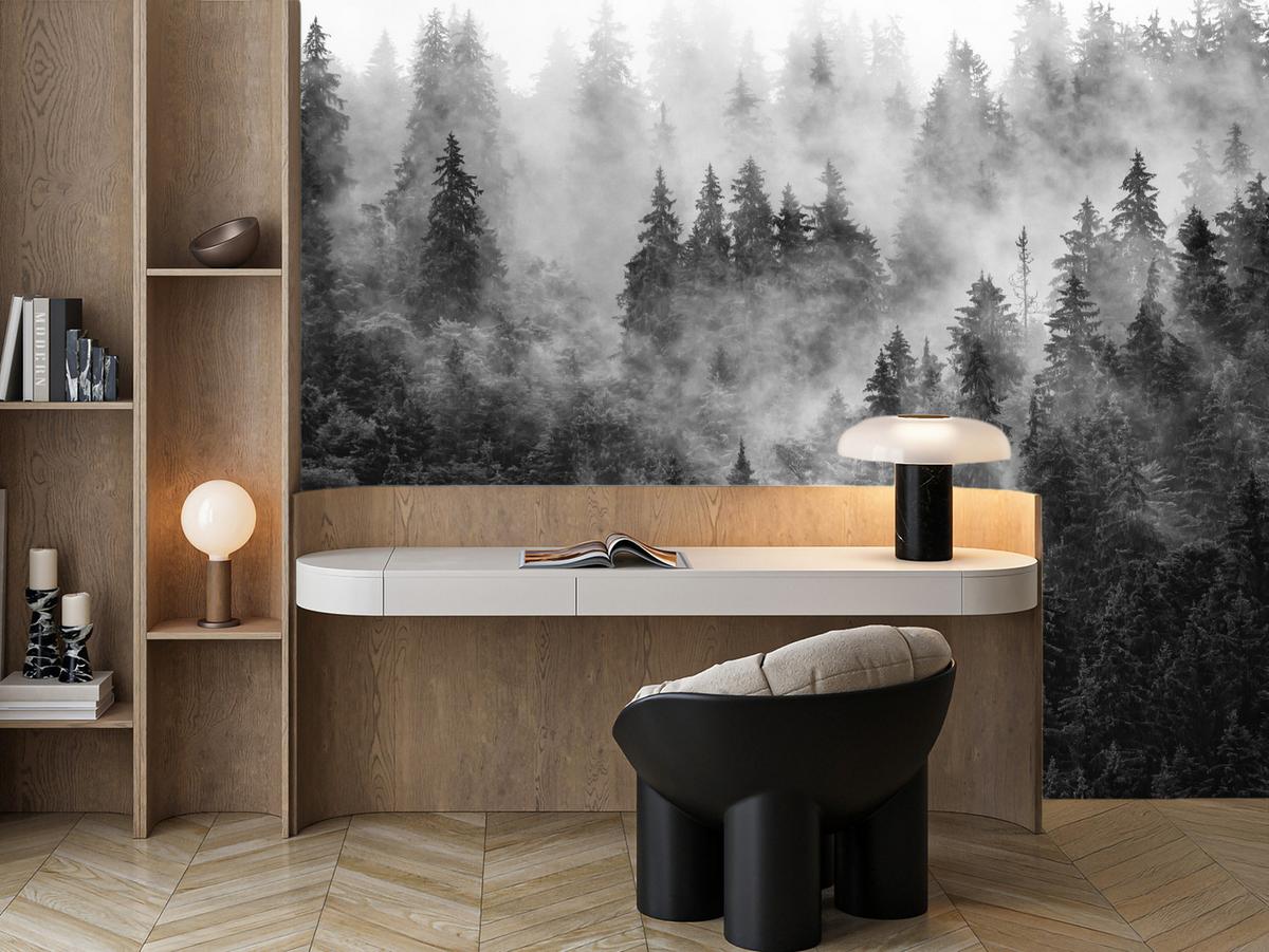 FOTOTAPETE für Wohnzimmer Dichter Nebel Forst Bäume 450x315 - Schwarz/Weiß, Papier (450/315cm) - Muralo