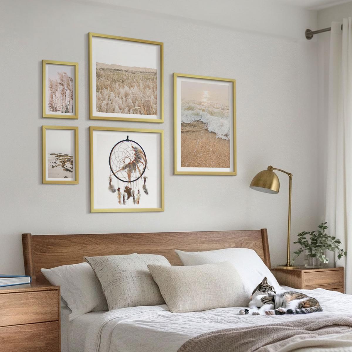 BILDER SET 5er Set - 50x50 cm & 20x30 cm & 40x60 cm Goldrahmen - Strandgras, Wellen, Steine, Boho-Stil - Goldfarben, Kunststoff (40/60cm) - TULUP