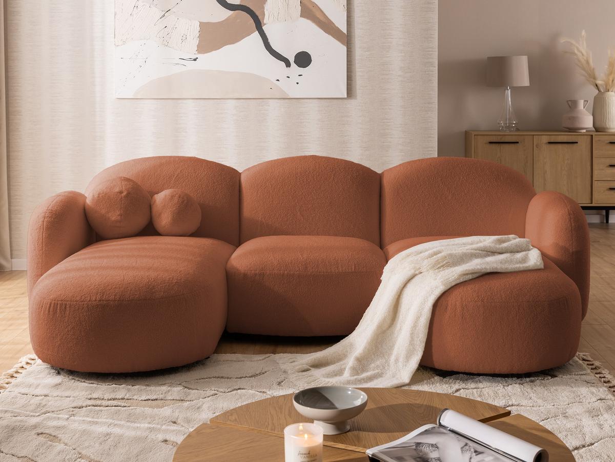 WOHNLANDSCHAFT Nuvola mit abgerundetem Design Terrakotta Bouclé-Stoff - Terracotta/Schwarz, Holz/Kunststoff (268/80/146cm) - S-Style Möbel