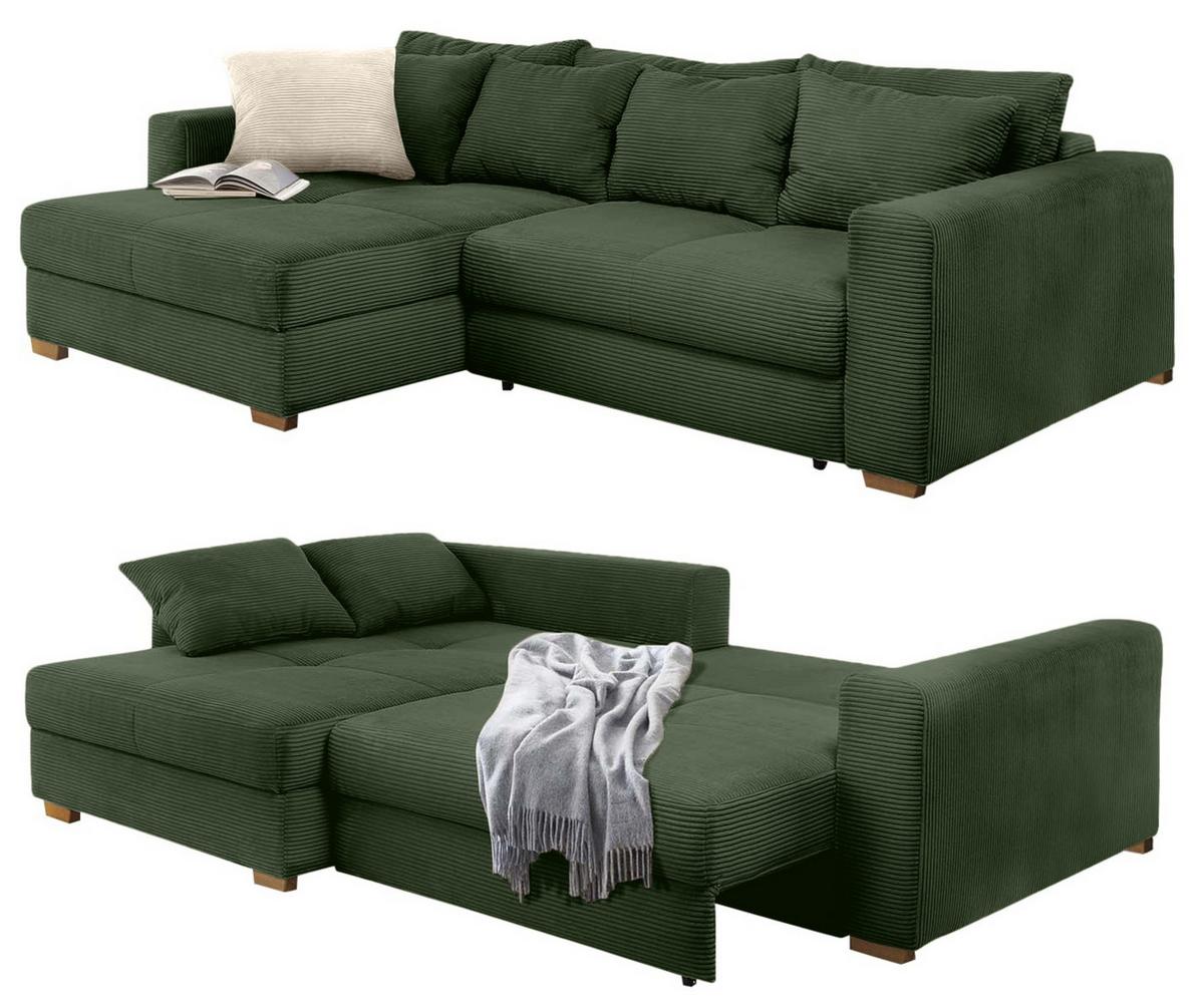 ECKSOFA-DAUERSCHLÄFER Federkern Bettkasten, seitenverkehrt montierbar B288/T186/H86 cm, Liegefl. 153x245 cm, Cord Grün / 15156 - Eichefarben/Grün, Holz/Textil (288/186cm) - luma-home