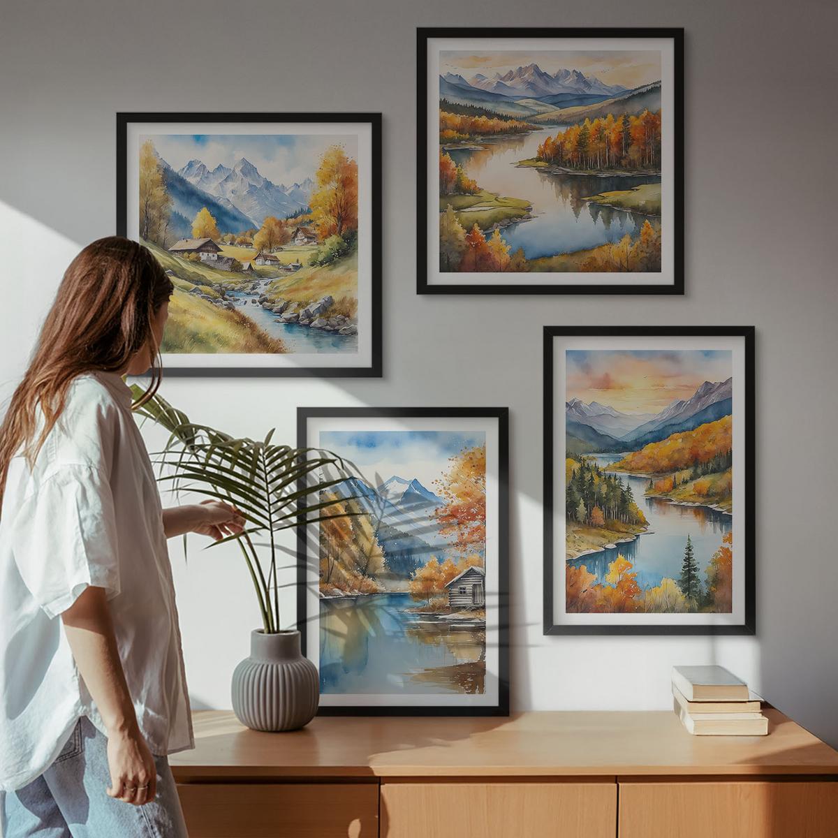 BILDER SET 4er Set - 50x50 cm & 40x60 cm Schwarzer Rahmen - Herbstliche Berge, Flusshütte - Schwarz, Kunststoff (50/50cm) - TULUP
