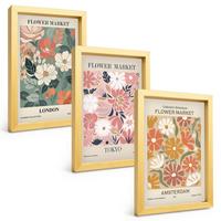 BILDER SET 3er Set - 20x30 cm Goldrahmen - Blumenmuster London Tokio Amsterdam - Goldfarben, Kunststoff (20/30cm) - TULUP
