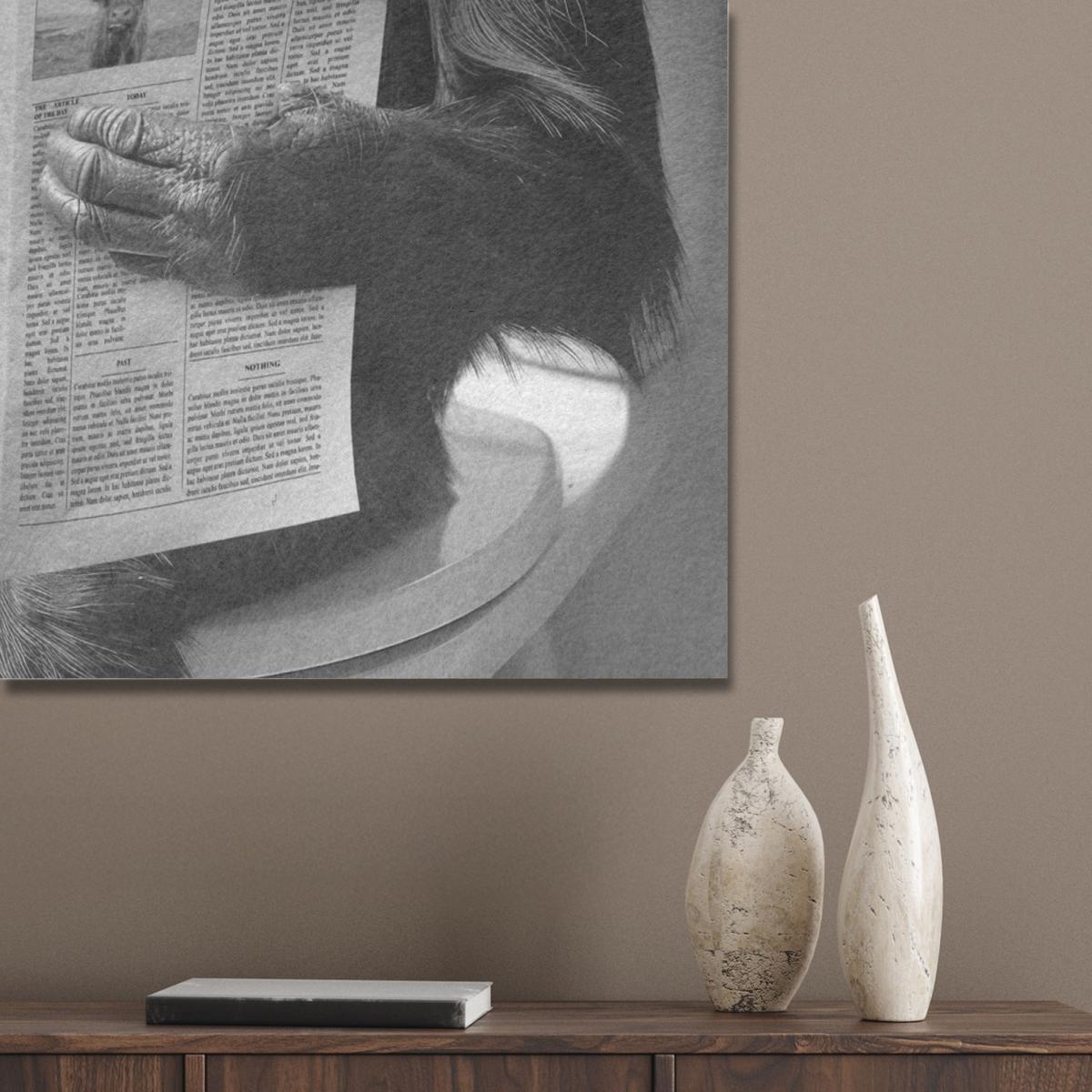 AKUSTIKBILD Affe - WC - Zeitung - Schwarz-Weiß - Humor Wandbilder 60x80 cm - Hellgrau, Kunststoff (60/80/0.9cm) - MuchoWow