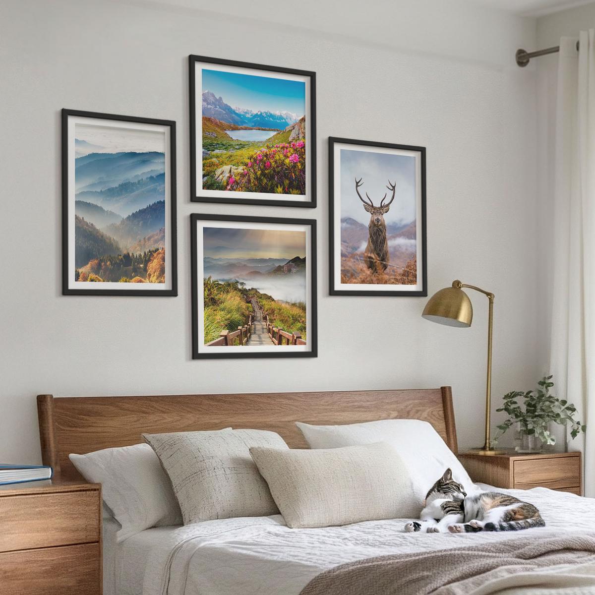 BILDER SET 4er Set - 50x50 cm & 40x60 cm Schwarzer Rahmen - Berglandschaft, See, Hirsche - Schwarz, Kunststoff (50/50cm) - TULUP