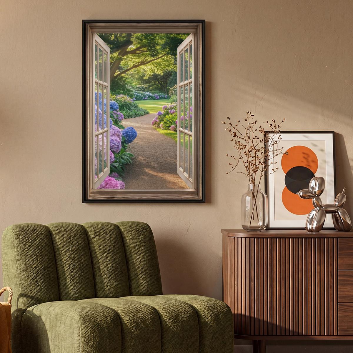 LEINWAND Bilder mit Rahmen - Aussicht - Garten - Fenster - Hortensie - Blumen - 60x90 - Pastellblau, Textil (60/90cm) - MuchoWow