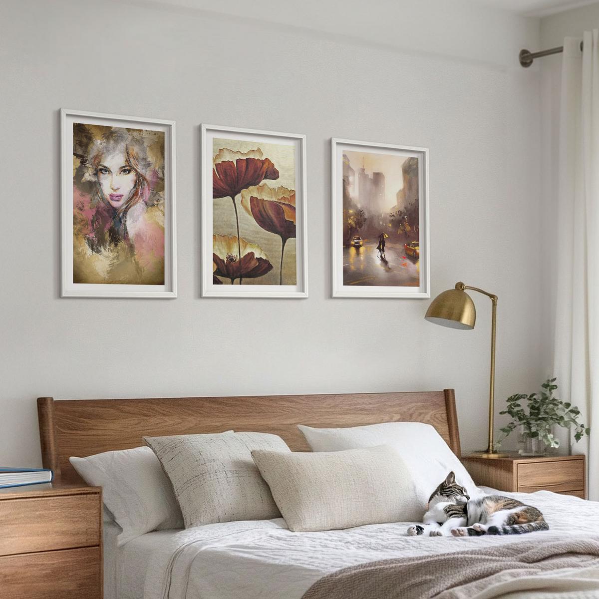 BILDER SET 3er Set - 40x60 cm Weißer Rahmen - Abstraktes Porträt einer Frau mit Blumen und Regen - Weiß, Kunststoff (40/60cm) - TULUP