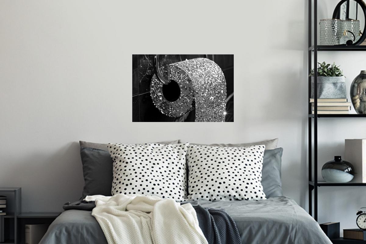 WANDTATTOO WC - Toilettenpapier - Schwarz und weiß - Glitter Deko Wohnzimmer 60x40 cm - Silberfarben, Kunststoff (60/40/0.1cm) - MuchoWow