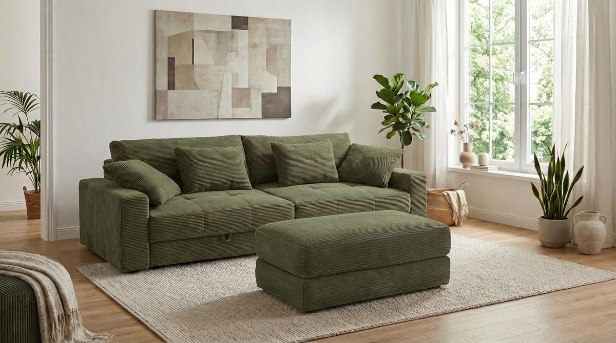 BIG-SOFA mit 2 Bettkästen, viel Stauraum, B274/T113/H84 cm, Liegefläche 103x241 cm, Cord Grün / 15262 - Schwarz/Grün, Kunststoff/Textil (284/84/113cm) - luma-home