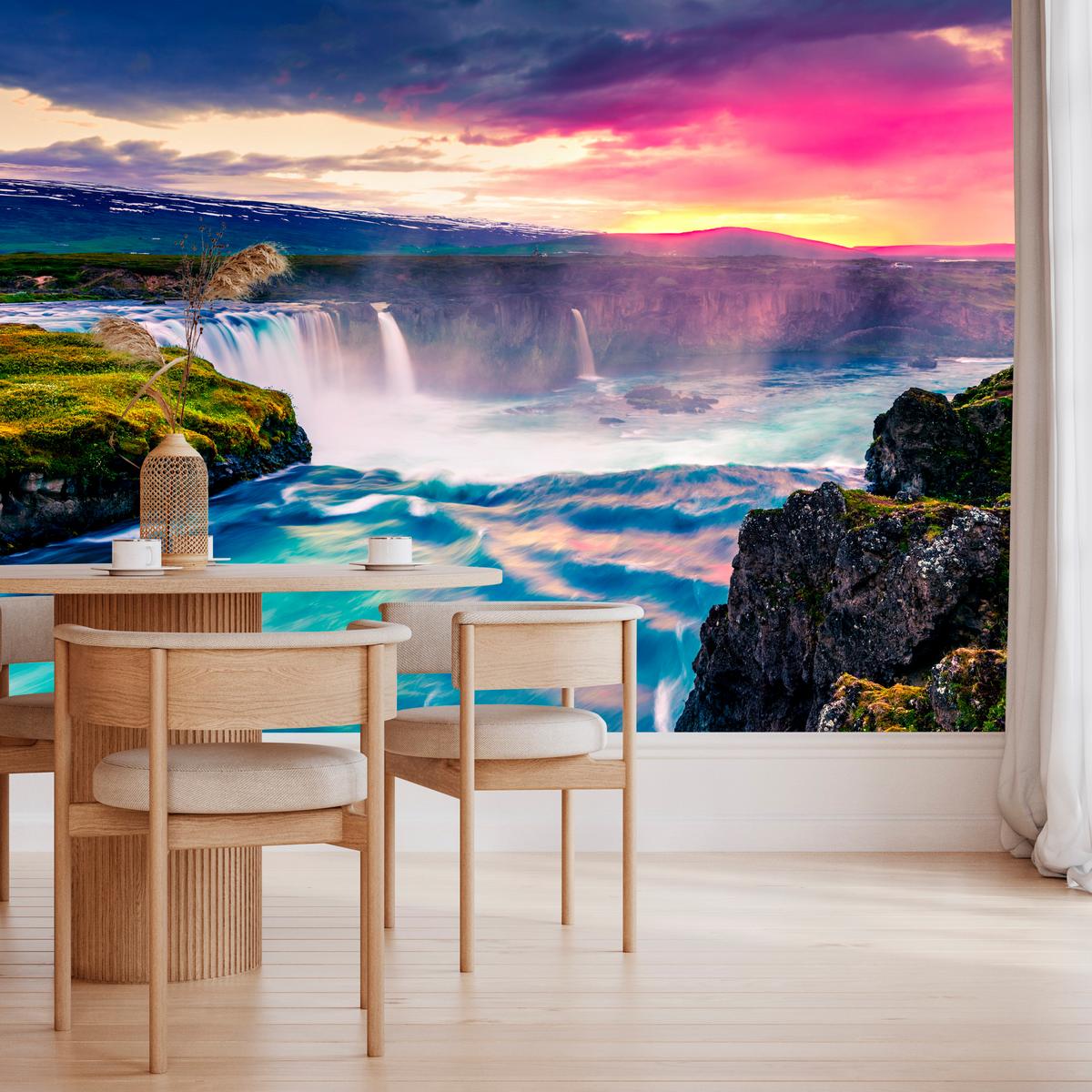 FOTOTAPETE für Esszimmer Godafoss Wasserfall Sonnenuntergang Natur 300x210 - Multicolor, Papier (300/210cm) - Muralo