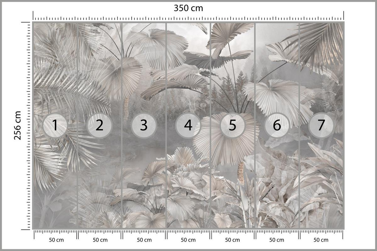 FOTOTAPETE für Wohnzimmer Tropische Blätter Dschungel Palmen Grau 350x256 - Beige/Grau, Papier (350/256cm) - Muralo