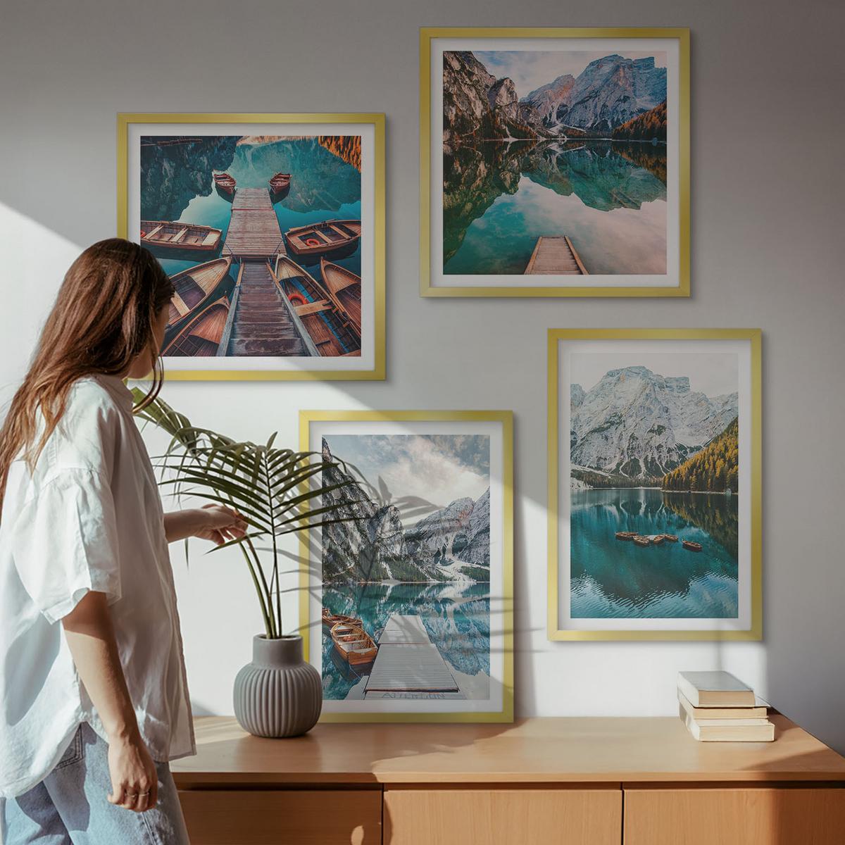 BILDER SET 4er Set - 50x50 cm & 40x60 cm Goldrahmen - See, Brücken, Berge - Goldfarben, Kunststoff (50/50cm) - TULUP