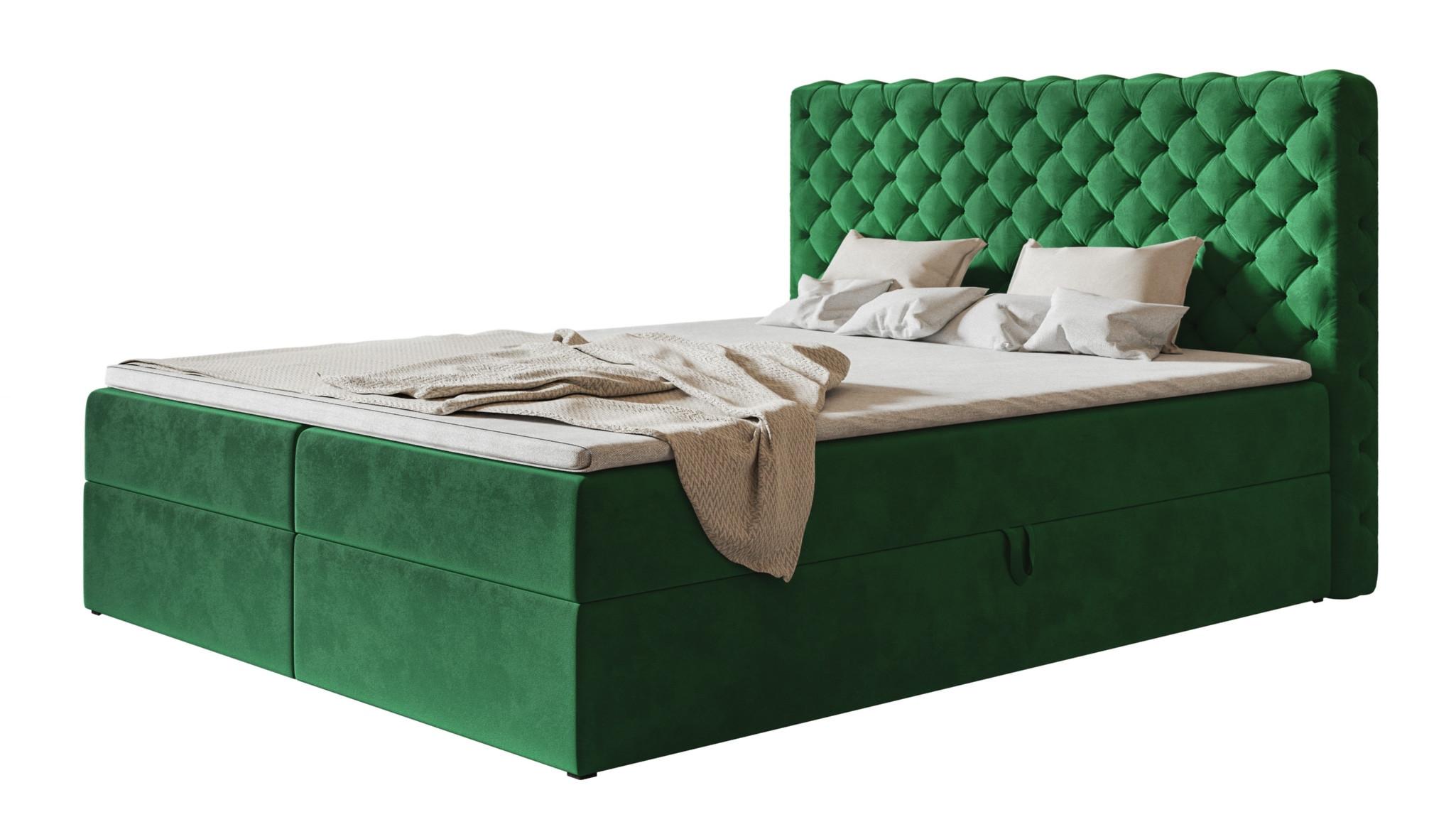 BOXBETT MIAMI mit 2 Bettkästen, 180x200, Farbe: Grün, Velourstoff, Doppelbett mit Bonell-Matratze - Grün, Holz/Kunststoff (180/200cm) - Alpi-Möbel