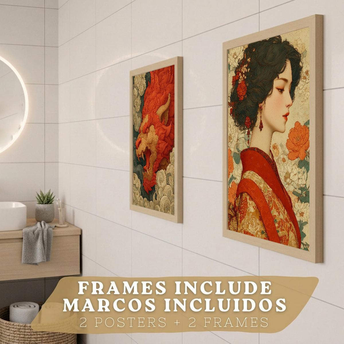 POSTER 2er-Set dekorative Badezimmer-Kunstdrucke, im japanischen Stil für Wand, Toilette mit orientalischem Drachen und Frau Leichter Holzrahmen A3 - Beige, Papier (42/29.7/3cm) - Nacnic