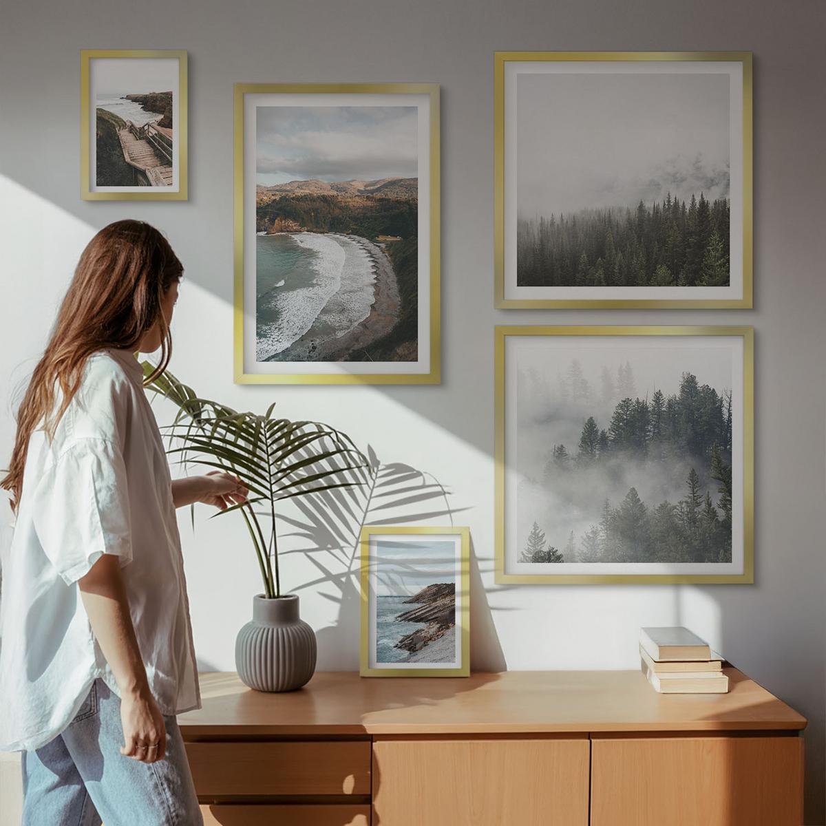 BILDER SET 5er Set - 50x50 cm & 20x30 cm & 40x60 cm Goldrahmen - Klippenblicke, Strandlandschaften - Goldfarben, Kunststoff (40/60cm) - TULUP