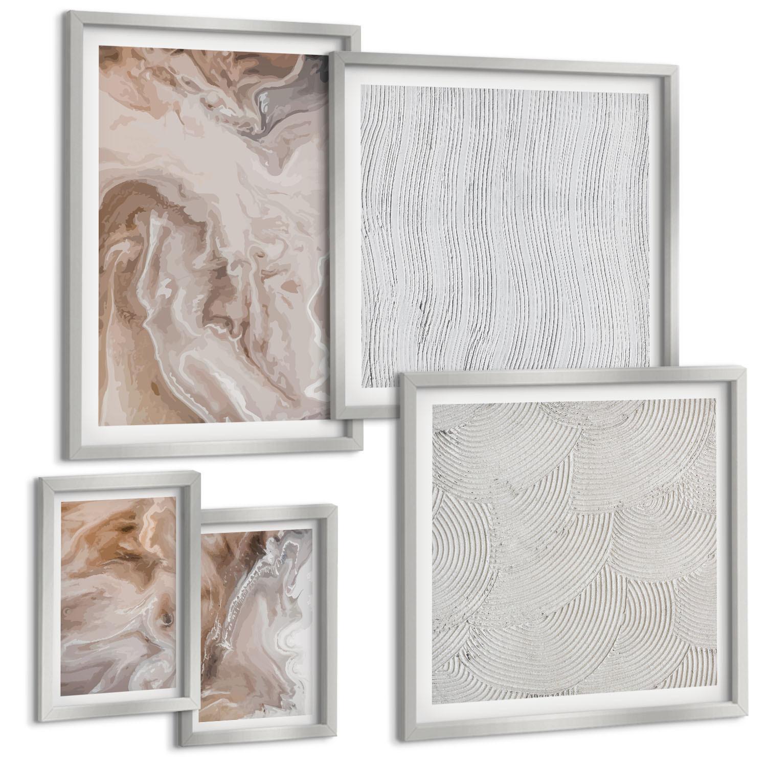 BILDER SET 5er Set - 50x50 cm & 20x30 cm & 40x60 cm Silberner Rahmen - Abstrakte Marmormuster aus Stein - Silberfarben, Kunststoff (40/60cm) - TULUP