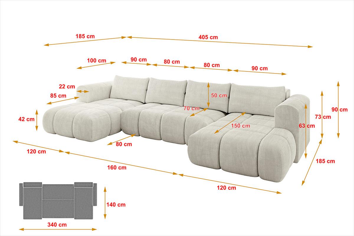 WOHNLANDSCHAFT CLOUD-U 405x185x90 Creme Cord - Hellgrau/Creme, Holzwerkstoff/Kunststoff (405/90/185cm) - ALTDECOR