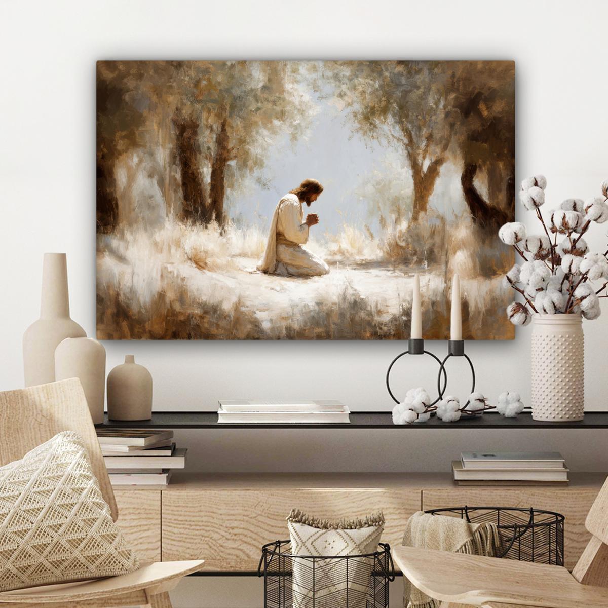 LEINWANDBILD Jesus - Kniend - Waldlandschaft - Betend Gemälde 60x40 cm - Beige/Hellblau, Textil (60/40cm) - MuchoWow