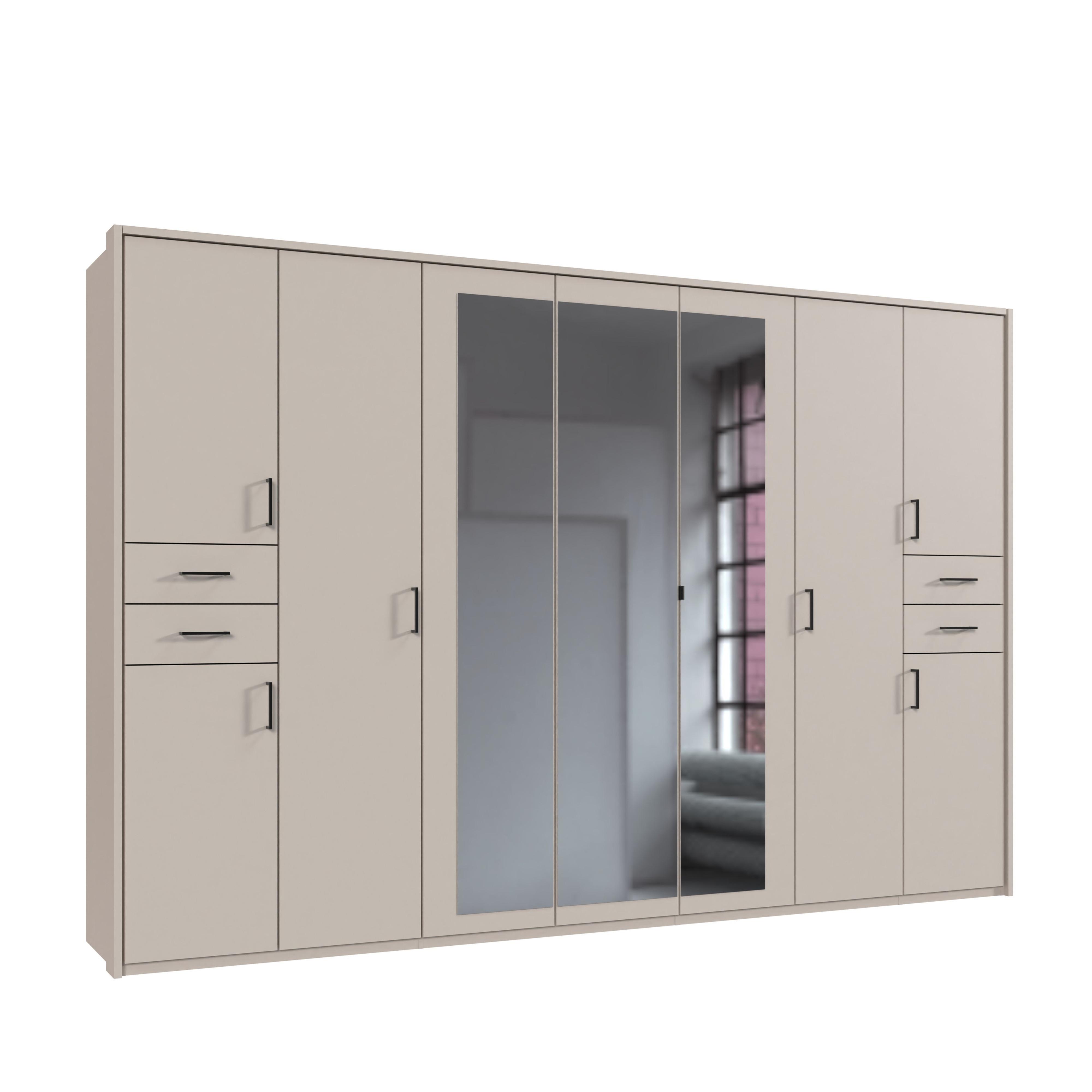DREHTÜRENSCHRANK B313/H210/T58 cm, Beige Grau, Kleiderschrank m.Passepartout&3Spiegeltüren&Schubkästen,Griffe schwarz/ 22586 - Greige/Beige, Holzwerkstoff/Kunststoff (313/210/58cm) - luma-home