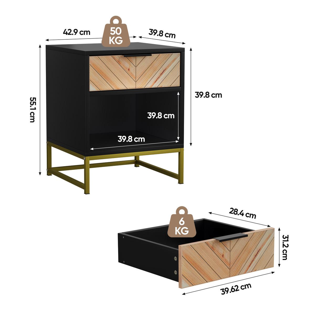 NACHTTISCH 43 cm Schwarz & Natur – Nachtkonsole mit Schublade & Metallbeinen Industrial - Naturfarben, Holzwerkstoff (43/55/40cm) - Urban Meuble