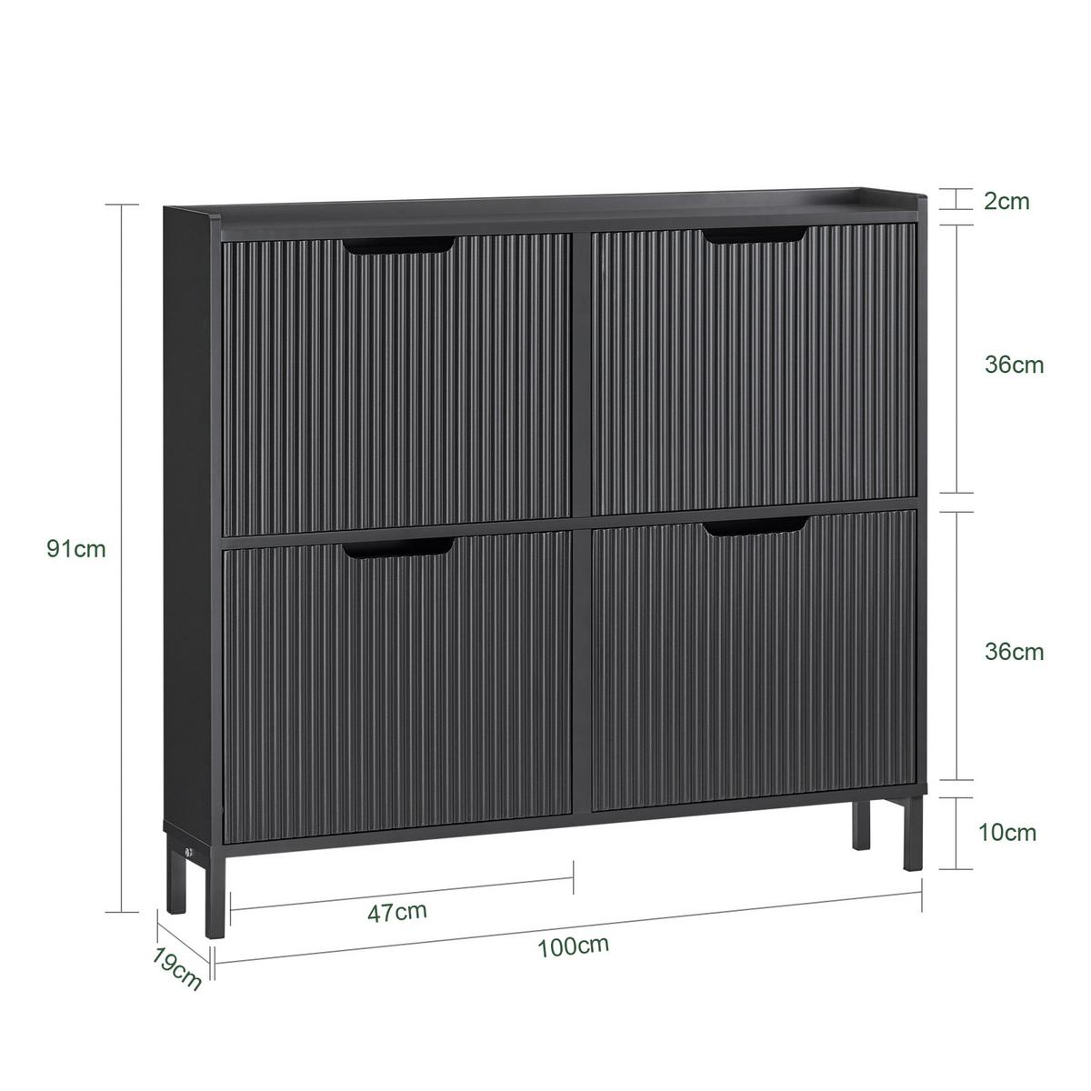 SCHUHSCHRANK schmal mit 4 Klappen 100x91x19cm Schwarz - Schwarz, Holzwerkstoff/Metall (100/91/19cm) - SoBuy