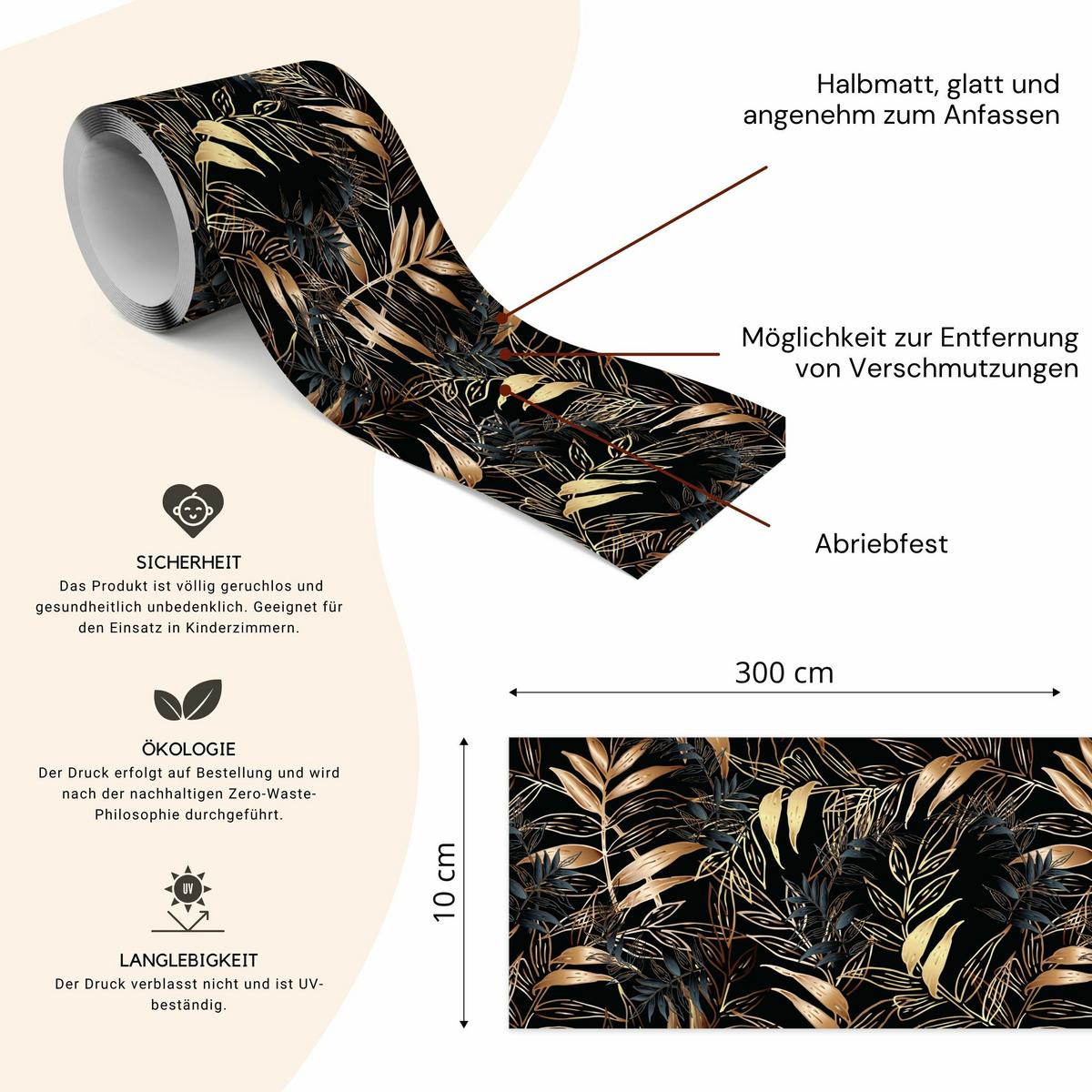 TAPETENBORDÜRE selbstklebend tropische BLÄTTER Pflanzen Glamour Stil - Beige/Schwarz, Papier (10/300/300cm) - Muralo