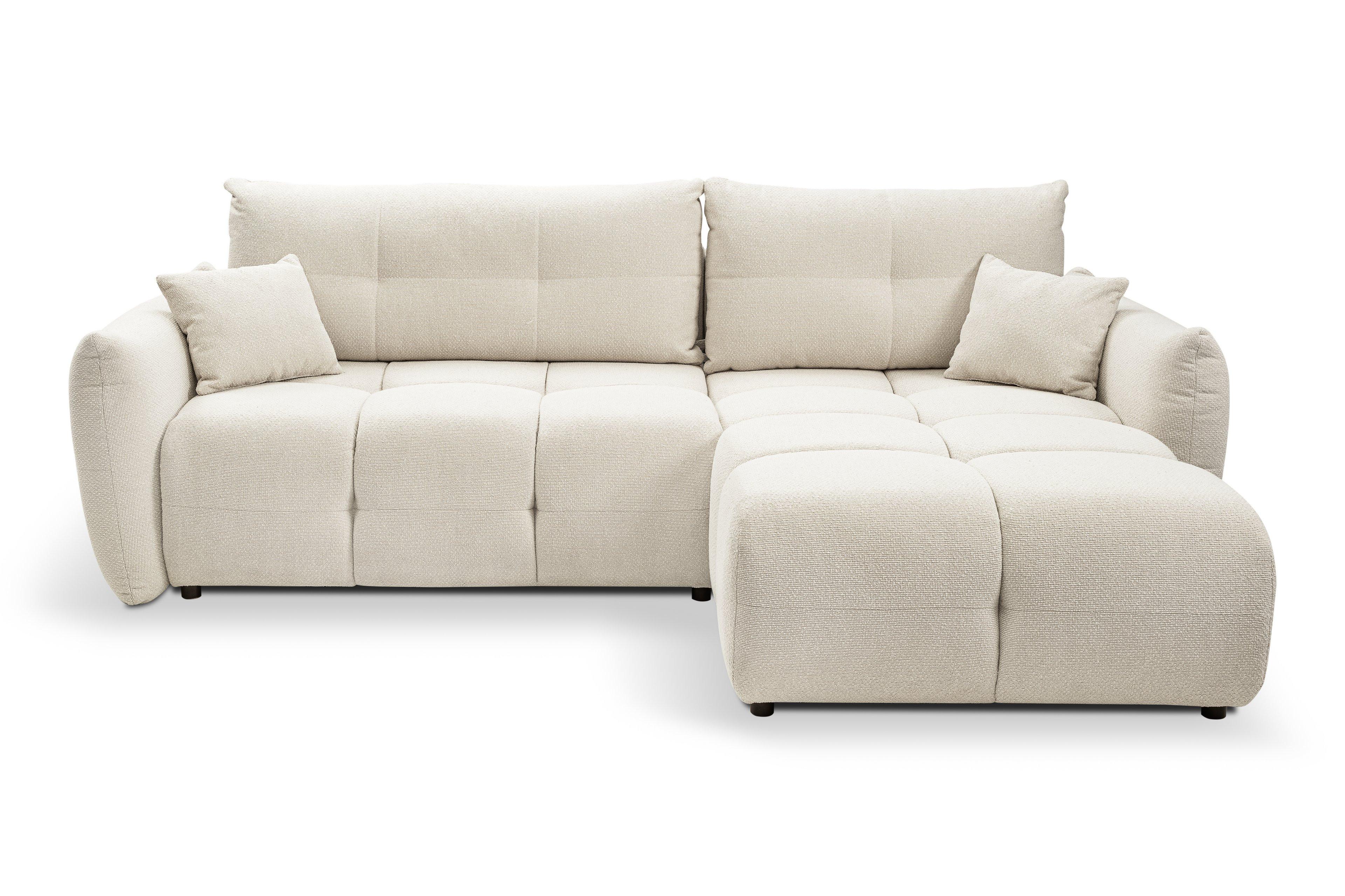 ECKSOFA MODA E Creme Geflochtener Stoff mit Schlaffunktion - Creme, Holz (257/177cm) - MASSENO