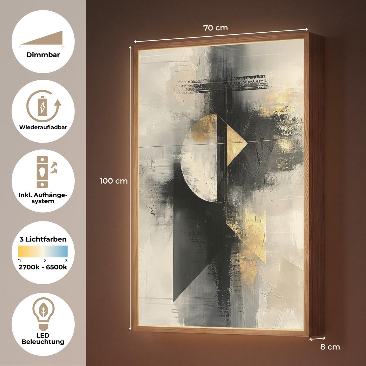 WANDLEUCHTE MIT AKKU Abstrakt - Schwarz - Farbe - Modern 70x100 cm - Grau, Holzwerkstoff (70/100/8cm) - OnlyWow