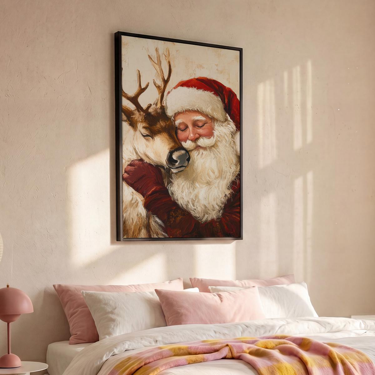 LEINWAND Bilder mit Rahmen - Weihnachtsmann - Rentier - Weihnachten - 100x150 - Rotbraun, Textil (100/150cm) - MuchoWow