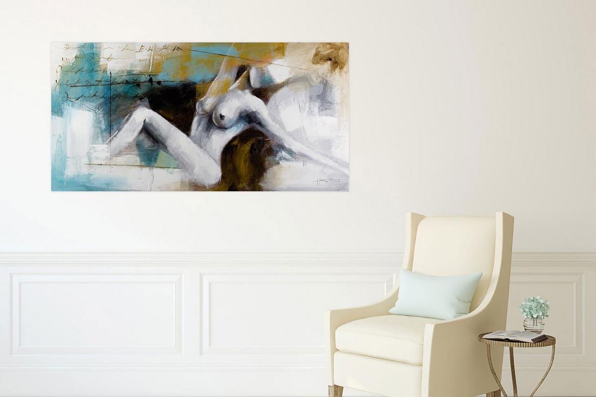 ÖLGEMÄLDE 120/60 cm - Petrol/Weiß, Holz/Textil (120/60cm) - KUNSTLOFT