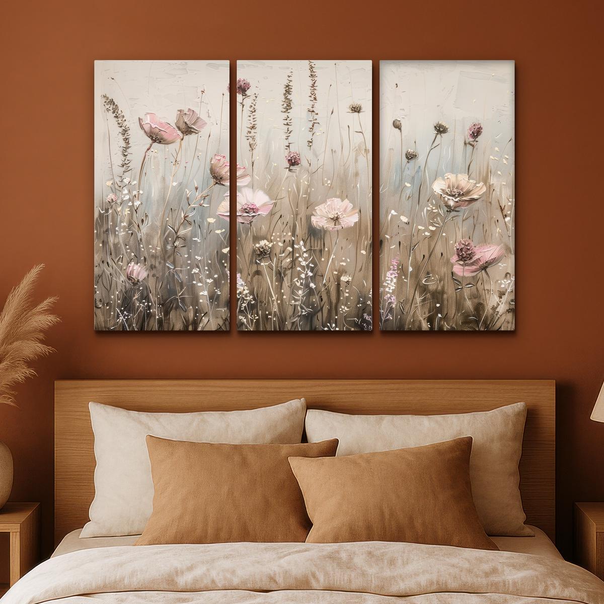 LEINWANDBILD 3er Set Blumen - Beige - Modern - Rosa 180x120 cm - Ecru, Textil (180/120cm) - MuchoWow