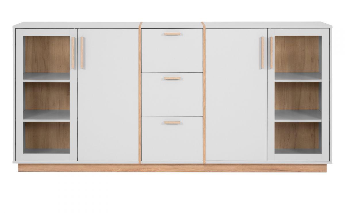 SIDEBOARD grau, Hickory Walnuss 204 cm, Kommode mit viel Stauraum - Walnussfarben/Hellgrau, Glas/Holzwerkstoff (204/94/40cm) - Furn.Design